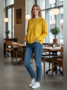 Michael Kors women Sweater , XL,Yellow ,Knit Perforated Long Sleeve